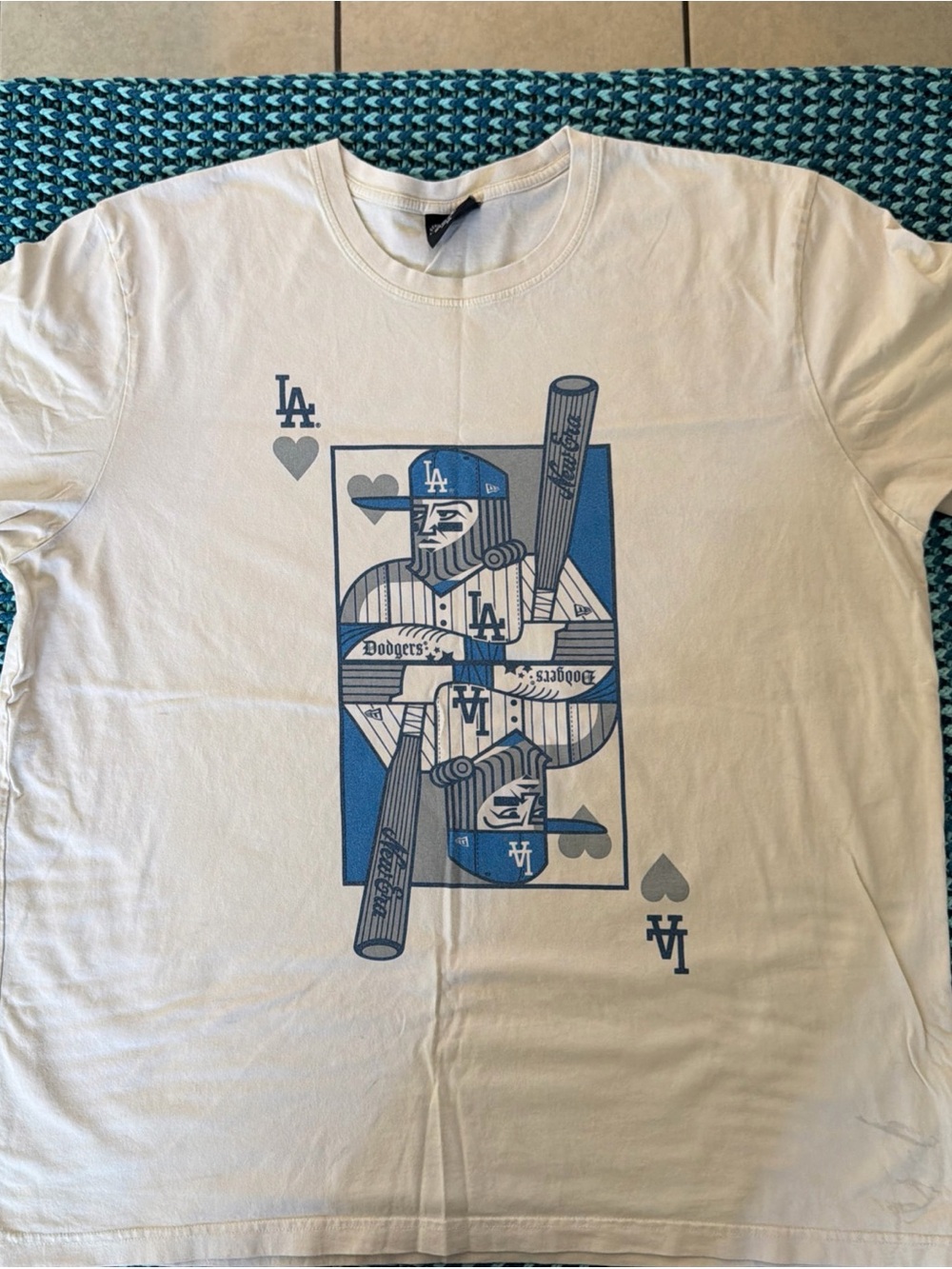 New Era White and Blue Dodgers Playing Card Graphic Tee